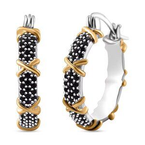 Hoop Earrings with Simulated Black Color Diamond XOXO Dualtone Design